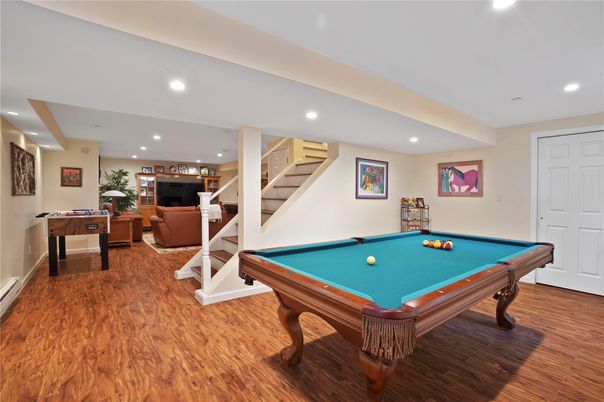 Billiard Table, Game Room, Interior, Recessed Lighting, Wood Texture Flooring