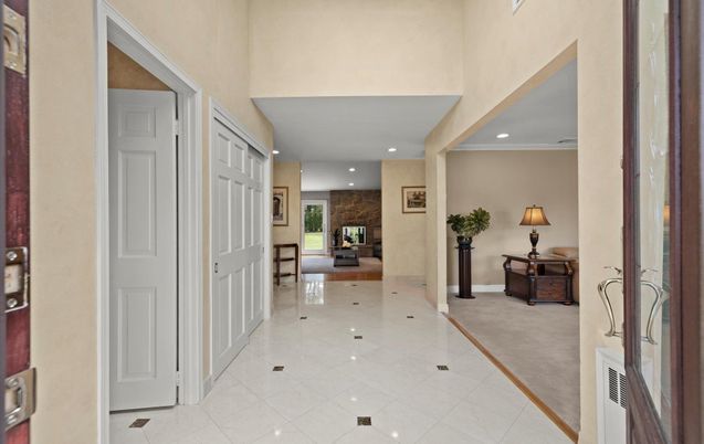 Fireplace, Interior, Recessed Lighting, Stone Walls