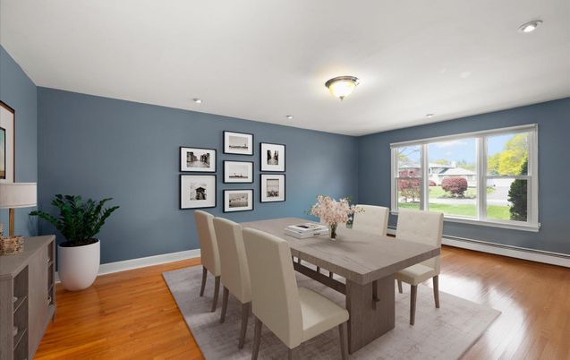 Dining room, Interior, Recessed Lighting, Wood Texture Flooring