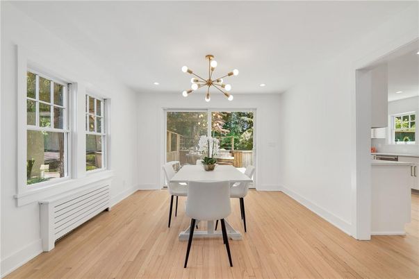 Dining room, Interior, Pendant Lights, Recessed Lighting, Wood Texture Flooring
