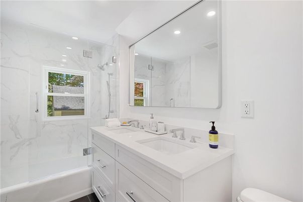 Bathroom, Glass Shower, Interior, Marble Walls, Recessed Lighting