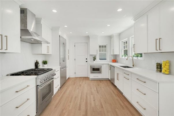 Interior, Kitchen, Recessed Lighting, Stainless Steel Appliances, Wood Texture Flooring