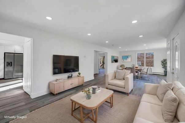 Dining room, Interior, Kitchen, Living room, Recessed Lighting, Stainless Steel Appliances, Wood Texture Flooring