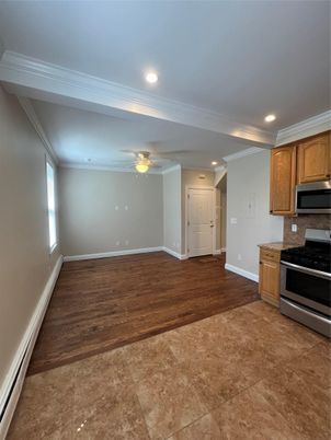 Empty room, Interior, Kitchen, Recessed Lighting, Wood Texture Flooring