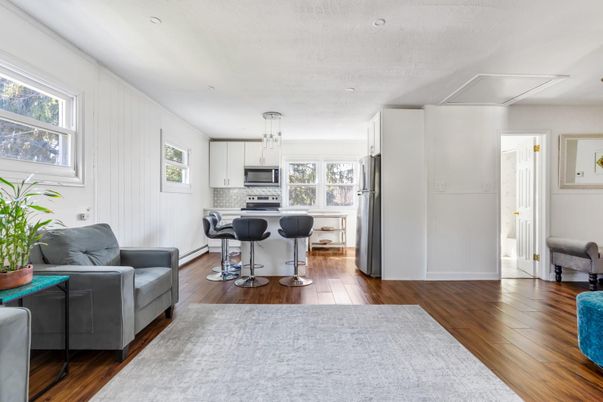 Dining room, Interior, Kitchen, Pendant Lights, Recessed Lighting, Stainless Steel Appliances, Wood Texture Flooring