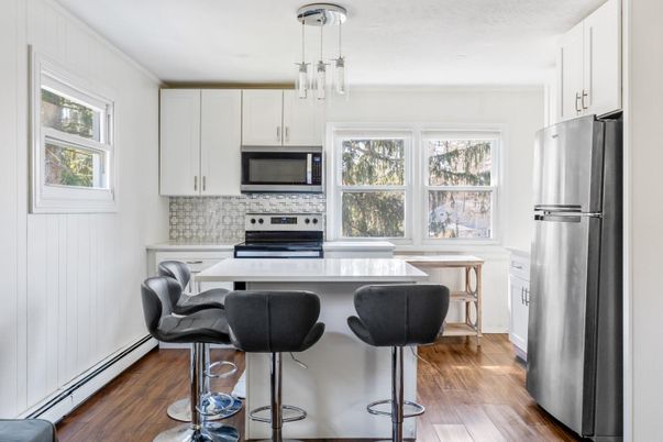 Interior, Kitchen, Pendant Lights, Stainless Steel Appliances, Wood Texture Flooring