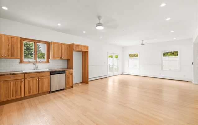 Empty room, Interior, Kitchen, Recessed Lighting, Wood Texture Flooring