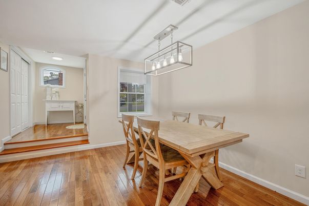Dining room, Interior, Pendant Lights, Wood Texture Flooring