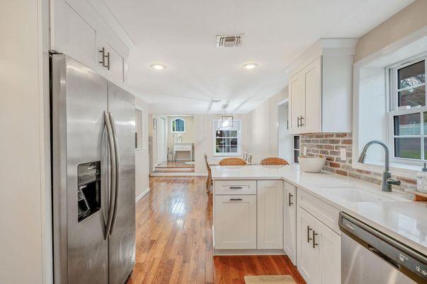 Dining room, Interior, Kitchen, Recessed Lighting, Stainless Steel Appliances, Wood Texture Flooring