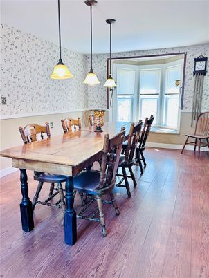Dining room, Interior, Pendant Lights, Wood Texture Flooring
