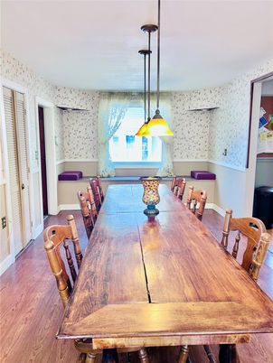 Dining room, Interior, Pendant Lights, Wood Texture Flooring