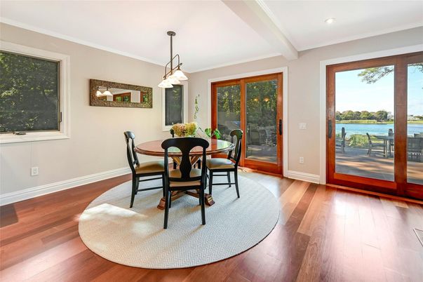 Dining room, Interior, Pendant Lights, Recessed Lighting, Water, Wood Texture Flooring
