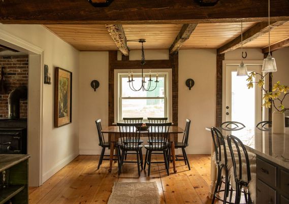 Chandelier, Dining room, Interior, Pendant Lights, Stone Walls, Wooden Beams, Wooden Ceilings, Wood Texture Flooring