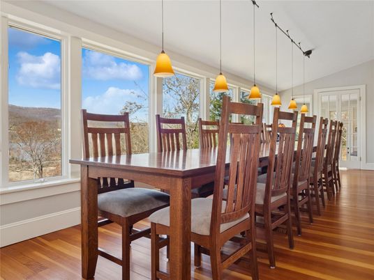 Dining room, Interior, Pendant Lights, Wood Texture Flooring