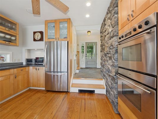 Interior, Kitchen, Recessed Lighting, Stainless Steel Appliances, Stone Walls, Wood Texture Flooring