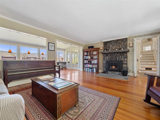 Fireplace, Interior, Living room, Pendant Lights, Piano, Stone Walls, Wood Texture Flooring