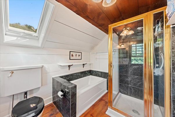 Bathroom, Glass Shower, Interior, Wood Texture Flooring