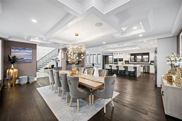 Chandelier, Dining room, Interior, Kitchen, Pendant Lights, Recessed Lighting, Wood Texture Flooring