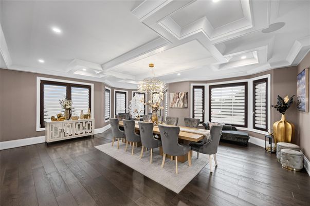 Chandelier, Dining room, Interior, Recessed Lighting, Wood Texture Flooring