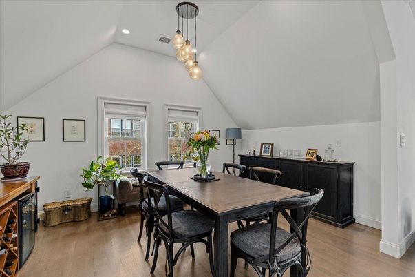 Dining room, Interior, Pendant Lights, Recessed Lighting, Wood Texture Flooring