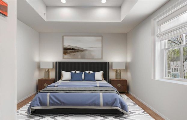Bedroom, Interior, Recessed Lighting, Wood Texture Flooring