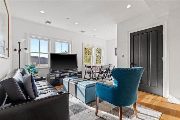 Dining room, Interior, Living room, Recessed Lighting, Wood Texture Flooring