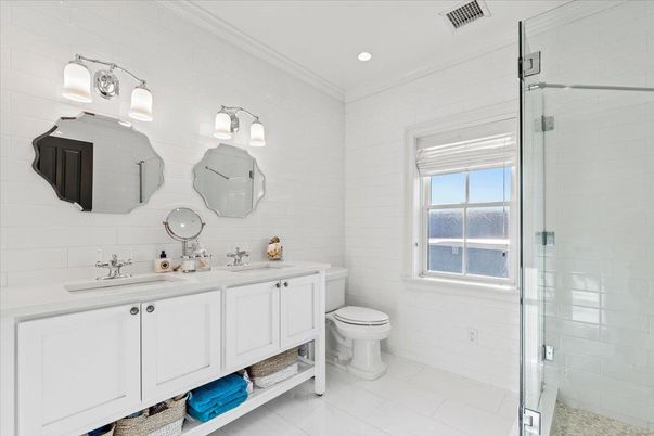 Bathroom, Dual Sink Vanities, Glass Shower, Interior, Recessed Lighting
