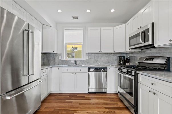 Interior, Kitchen, Recessed Lighting, Stainless Steel Appliances, Wood Texture Flooring