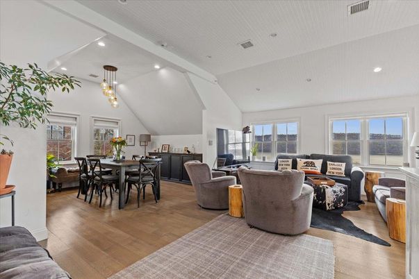 Dining room, Interior, Living room, Pendant Lights, Recessed Lighting, Wood Texture Flooring