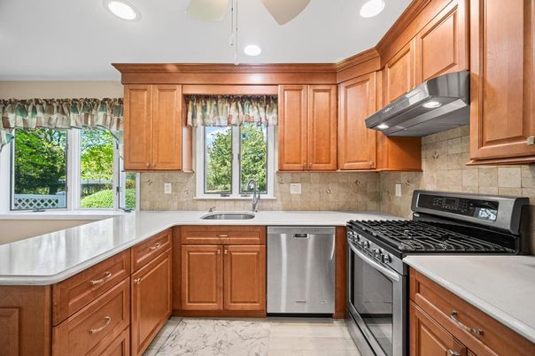 Interior, Kitchen, Marble, Recessed Lighting, Stainless Steel Appliances