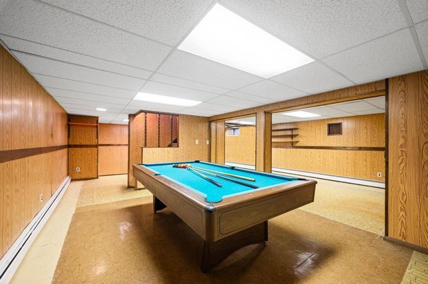 Billiard Table, Game Room, Interior, Recessed Lighting, Wooden Walls