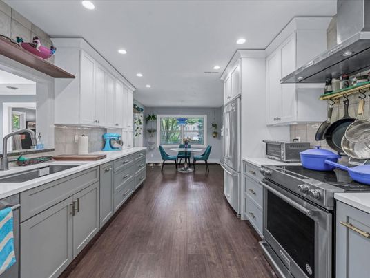 Dining room, Interior, Kitchen, Recessed Lighting, Stainless Steel Appliances, Wood Texture Flooring