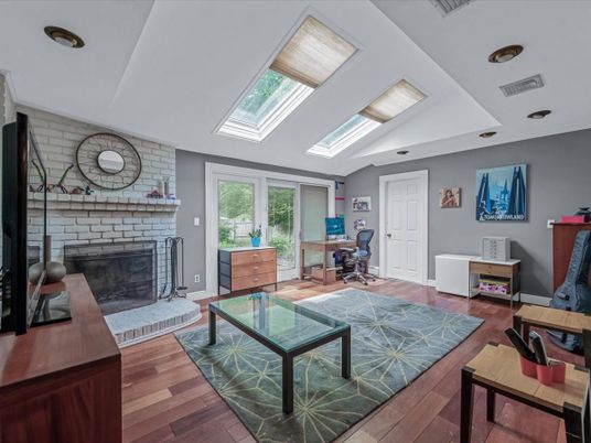 Fireplace, Home Office, Interior, Recessed Lighting, Stone Walls, Wood Texture Flooring