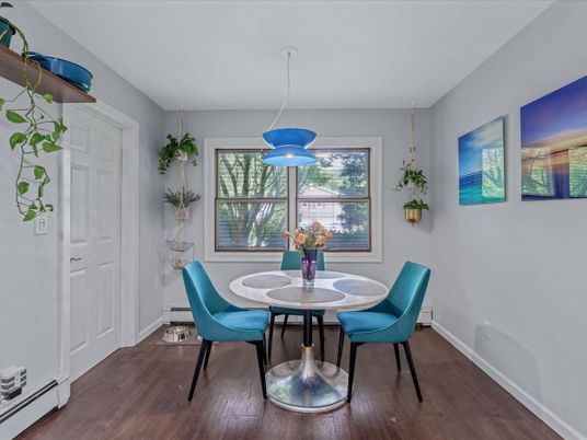 Dining room, Interior, Pendant Lights, Wood Texture Flooring