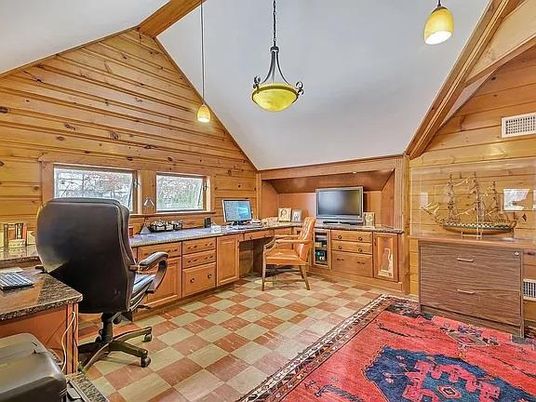 Home Office, Interior, Pendant Lights, Wooden Walls