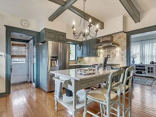 Chandelier, Interior, Kitchen, Pendant Lights, Stainless Steel Appliances, Wooden Beams, Wood Texture Flooring