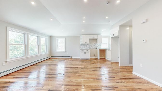 Empty room, Interior, Kitchen, Recessed Lighting, Wood Texture Flooring