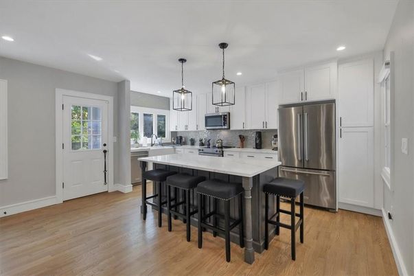 Interior, Kitchen, Pendant Lights, Recessed Lighting, Stainless Steel Appliances, Wood Texture Flooring