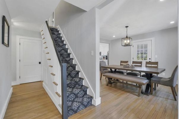 Dining room, Interior, Pendant Lights, Recessed Lighting, Wood Texture Flooring