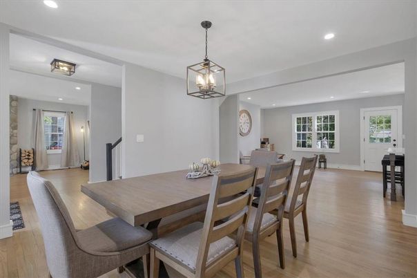 Dining room, Interior, Pendant Lights, Recessed Lighting, Wood Texture Flooring
