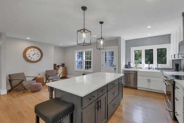 Interior, Kitchen, Pendant Lights, Recessed Lighting, Stainless Steel Appliances, Wood Texture Flooring
