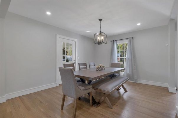 Dining room, Interior, Pendant Lights, Recessed Lighting, Wood Texture Flooring