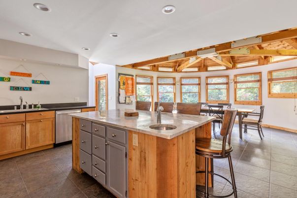 Dining room, Interior, Kitchen, Recessed Lighting, Stainless Steel Appliances, Wooden Beams