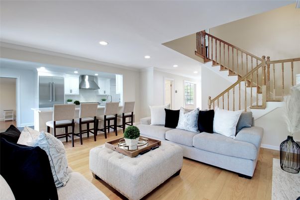 Interior, Kitchen, Living room, Recessed Lighting, Stainless Steel Appliances, Wood Texture Flooring