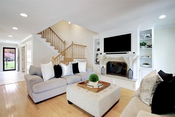 Fireplace, Interior, Living room, Recessed Lighting, Wood Texture Flooring