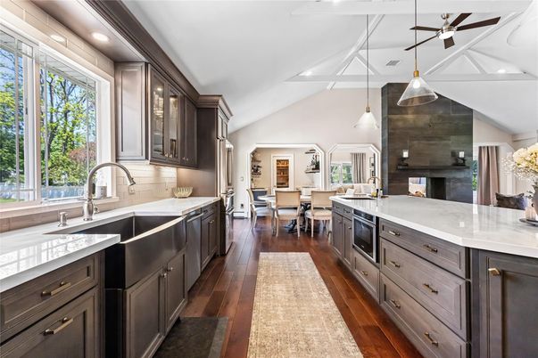 Dining room, Interior, Kitchen, Pendant Lights, Recessed Lighting, Wood Texture Flooring