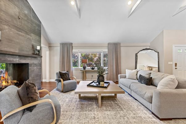 Fireplace, Interior, Living room, Recessed Lighting, Wood Texture Flooring