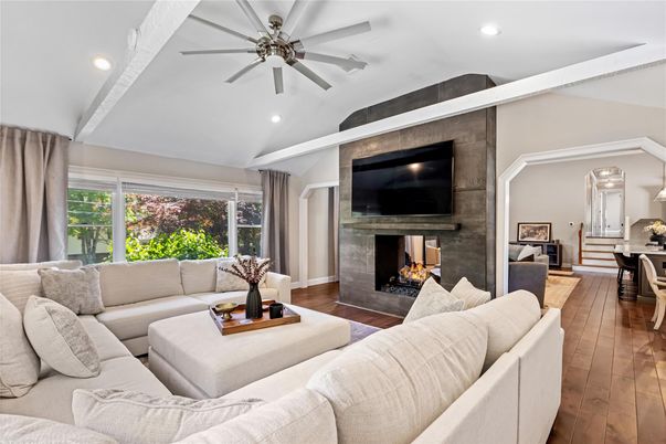 Fireplace, Interior, Living room, Recessed Lighting, Wood Texture Flooring