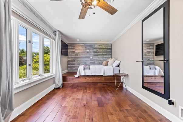 Bedroom, Interior, Recessed Lighting, Stone Walls, Wood Texture Flooring
