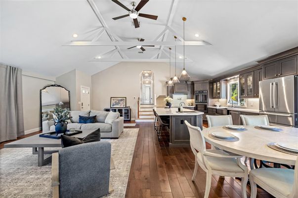 Dining room, Interior, Kitchen, Living room, Pendant Lights, Recessed Lighting, Stainless Steel Appliances, Wood Texture Flooring